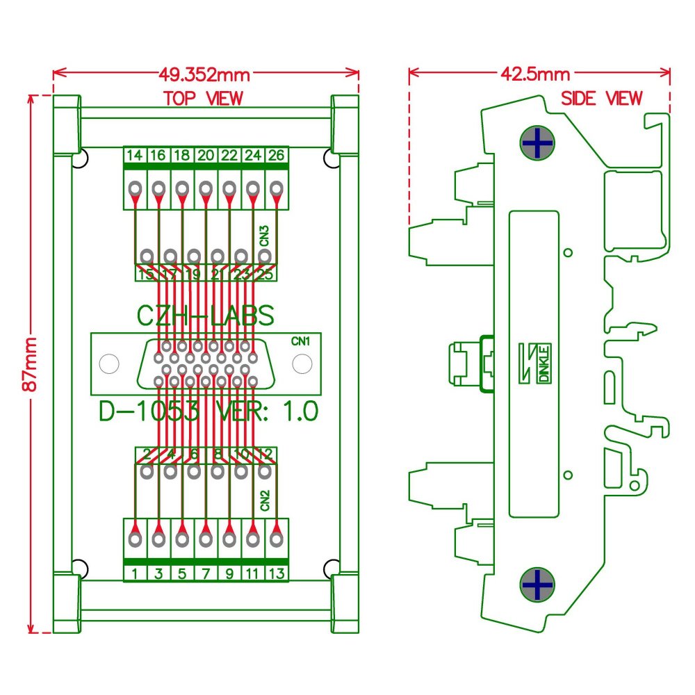 CZH-LABS DIN Rail Mount 26-pin 0.05" Mini D Ribbon/MDR Female Interface Module, SCSI.
