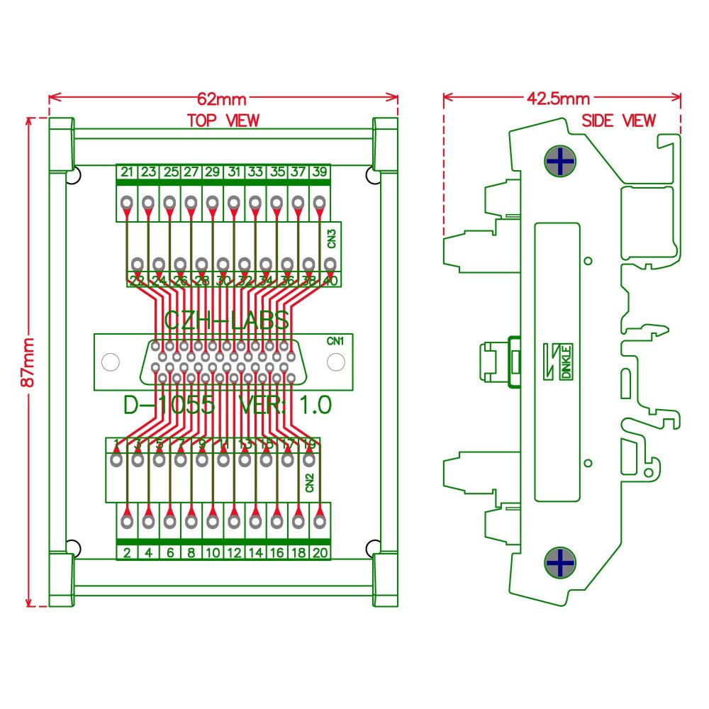 CZH-LABS DIN Rail Mount 40-pin Half-Pitch/0.05" D-SUB Female Interface Module, DSUB, SCSI.