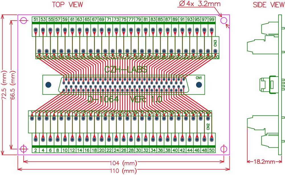 CZH-LABS 100-pin 0.05" Mini D Ribbon/MDR Female Breakout Board, SCSI, Terminal Module.