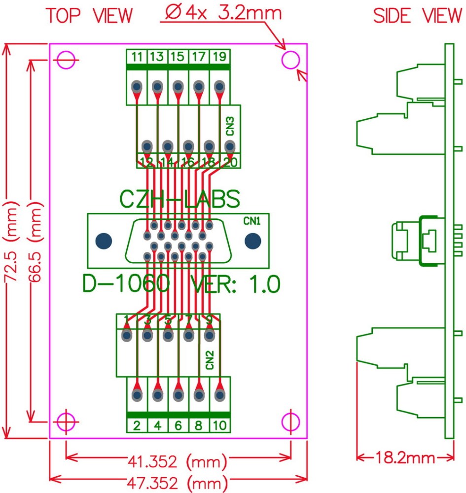 CZH-LABS 20-pin 0.05" Mini D Ribbon/MDR Female Breakout Board, SCSI, Terminal Module.