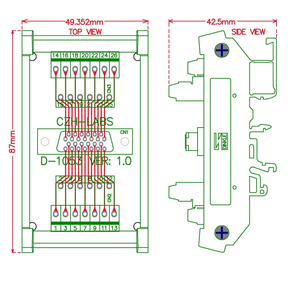 CZH-LABS DIN Rail Mount 26-pin Half-Pitch/0.05" D-SUB Female Interface Module, DSUB, SCSI.