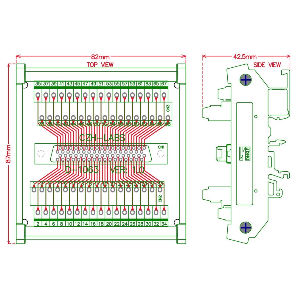 CZH-LABS DIN Rail Mount 68-pin 0.05" Mini D Ribbon/MDR Female Interface Module, SCSI.