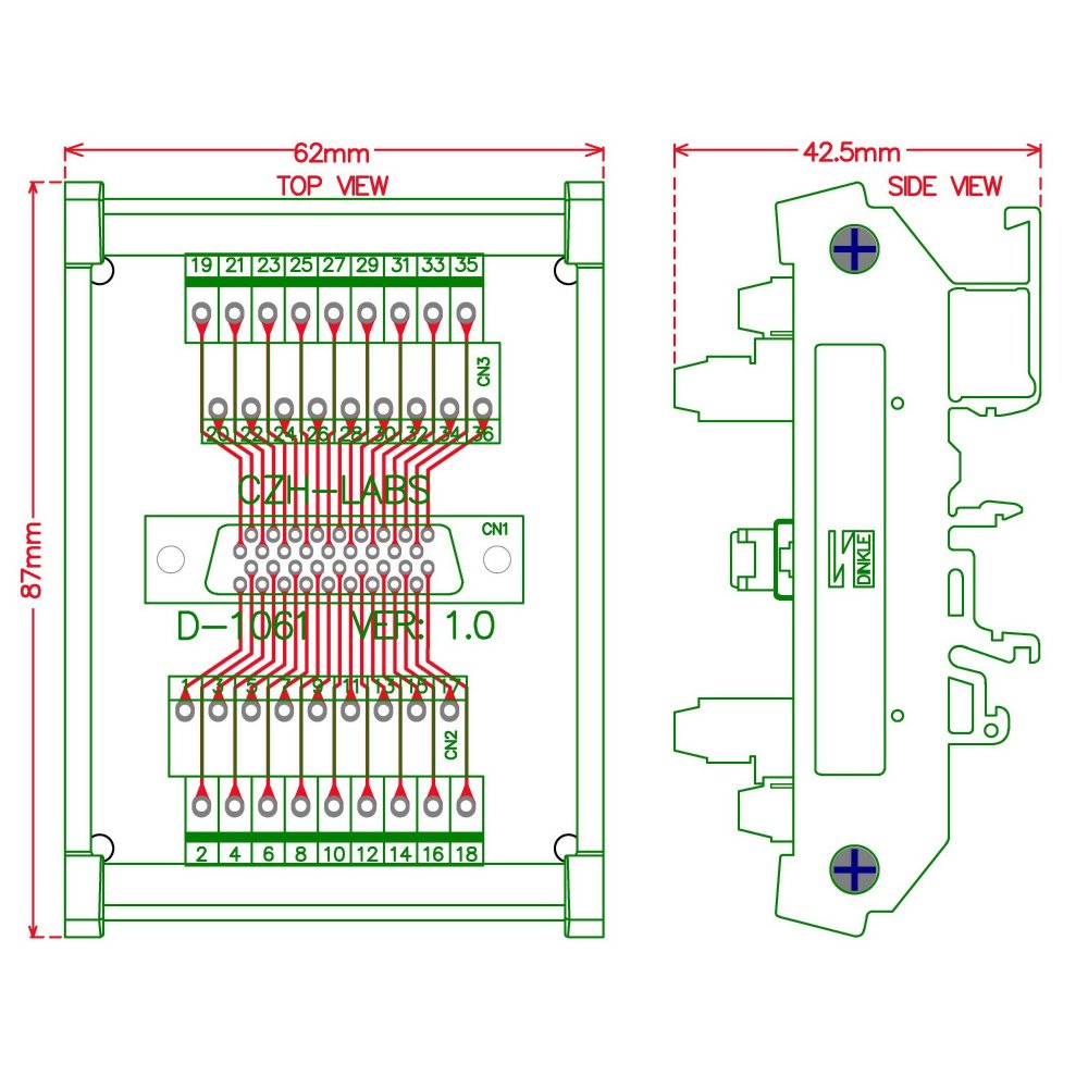 CZH-LABS DIN Rail Mount 36-pin 0.05" Mini D Ribbon/MDR Female Interface Module, SCSI.