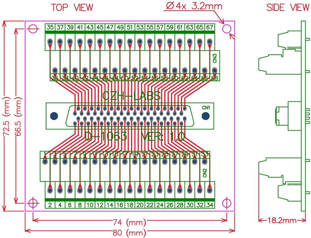 CZH-LABS 68-pin 0.05" Mini D Ribbon/MDR Female Breakout Board, SCSI, Terminal Module.