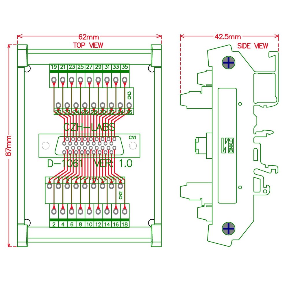 CZH-LABS DIN Rail Mount 36-pin Half-Pitch/0.05" D-SUB Female Interface Module, DSUB, SCSI.