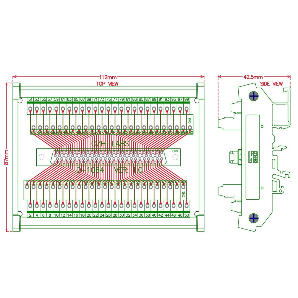 CZH-LABS DIN Rail Mount 100-pin 0.05" Mini D Ribbon/MDR Female Interface Module, SCSI.