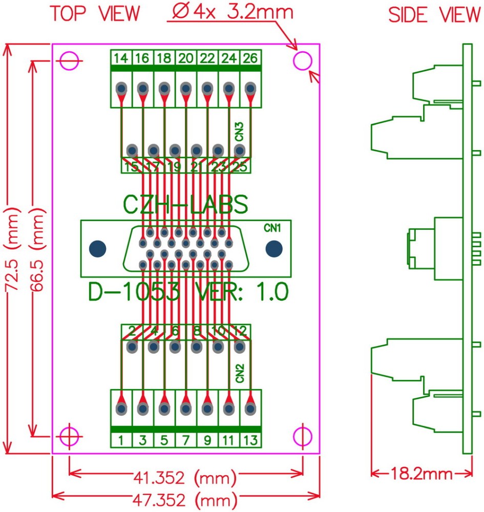 CZH-LABS 26-pin Half-Pitch/0.05" D-SUB Female Breakout Board, DSUB, SCSI, Terminal Module.