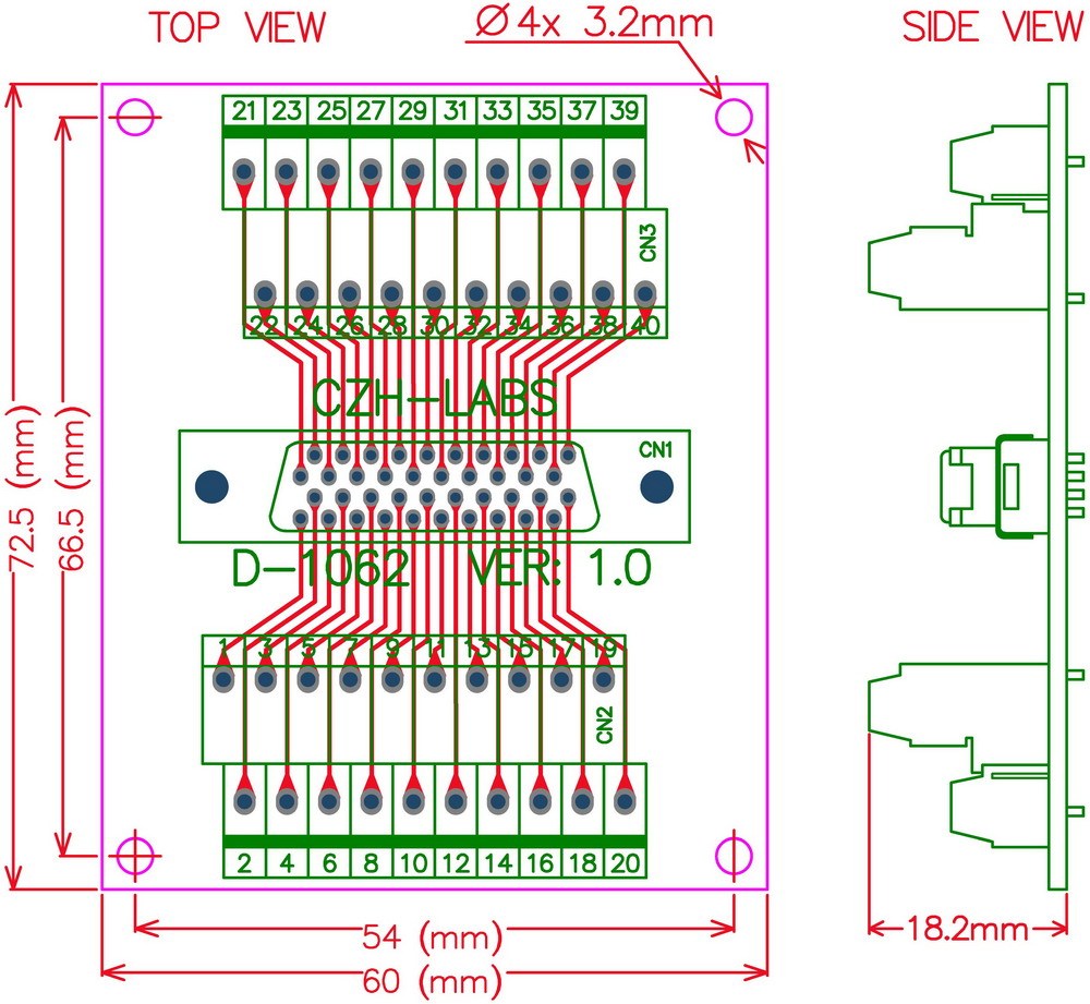 CZH-LABS 40-pin 0.05" Mini D Ribbon/MDR Female Breakout Board, SCSI, Terminal Module.