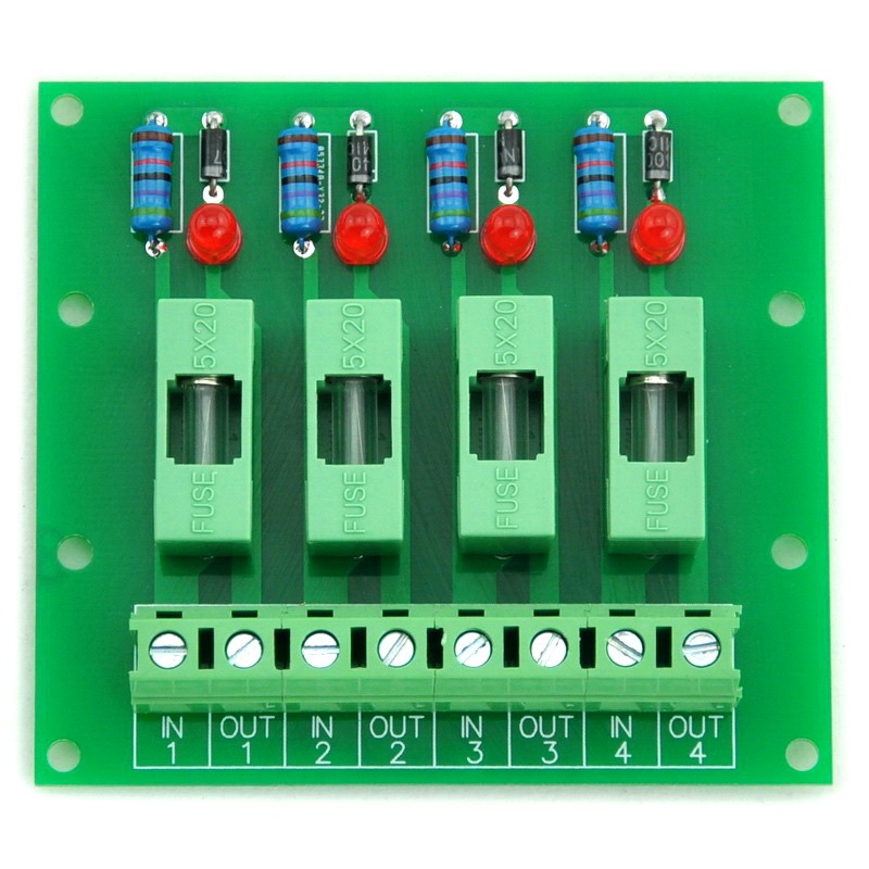 Electronics-Salon 5~48VDC 4 Channel Fuse Board, with Fuse Fail Indication.