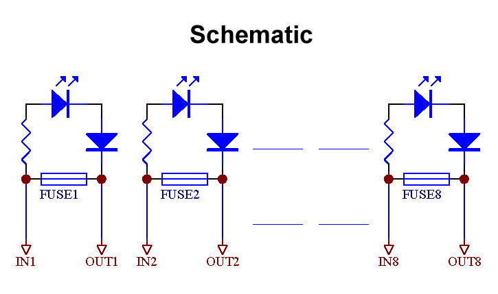 Electronics-Salon 5~48VDC 8 Channel Fuse Board, with Fuse Fail Indication.
