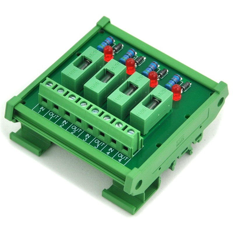 Electronics-Salon DIN Rail Mount 5~48VDC 4 Channel Fuse Interface Module, with Fuse Fail Indication.