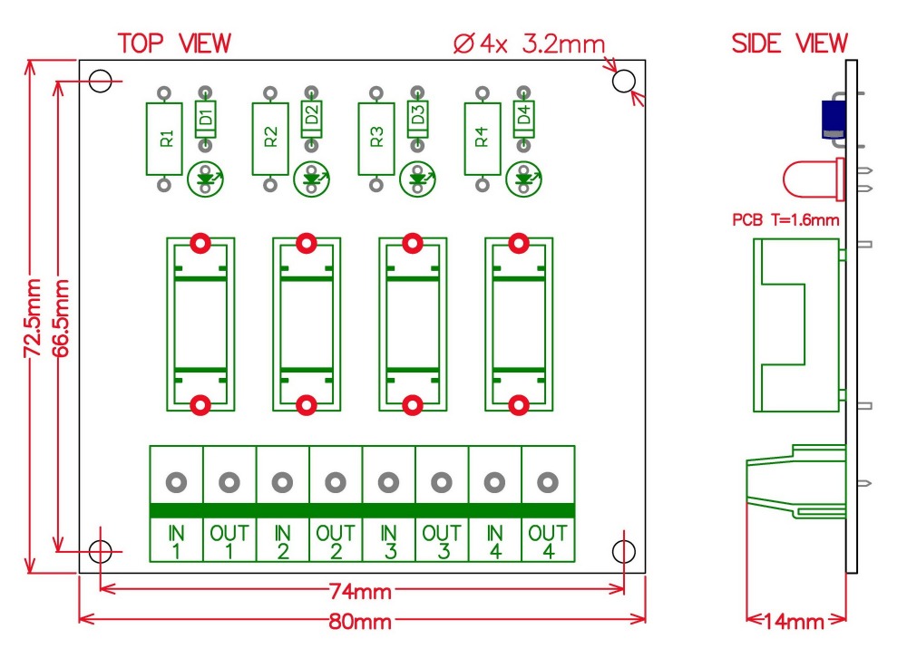 Electronics-Salon 5~48VDC 4 Channel Fuse Board, with Fuse Fail Indication.