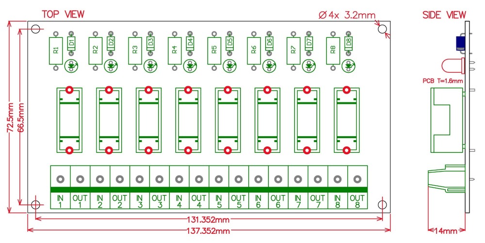 Electronics-Salon DIN Rail Mount 5~48VDC 8 Channel Fuse Interface Module, with Fuse Fail Indication.