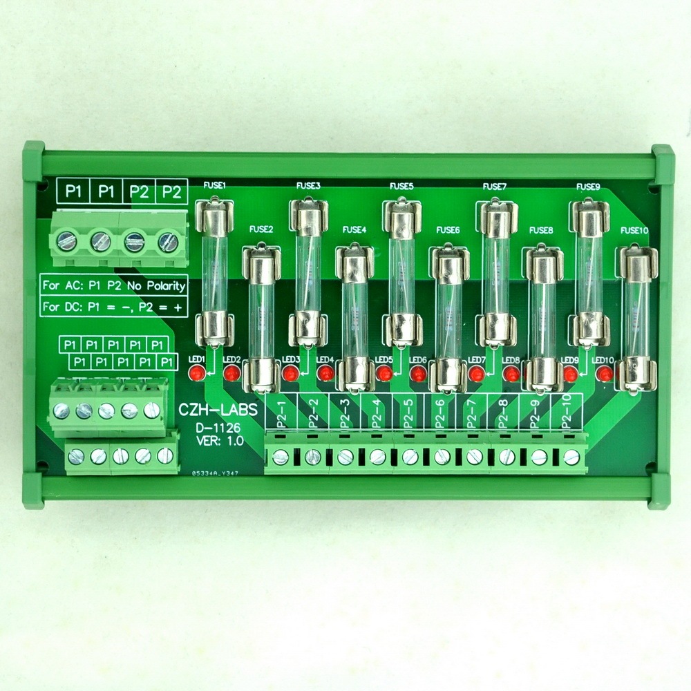 CZH-LABS DIN Rail Mount 180~250VAC 10 Position Power Distribution Fuse Module Board.