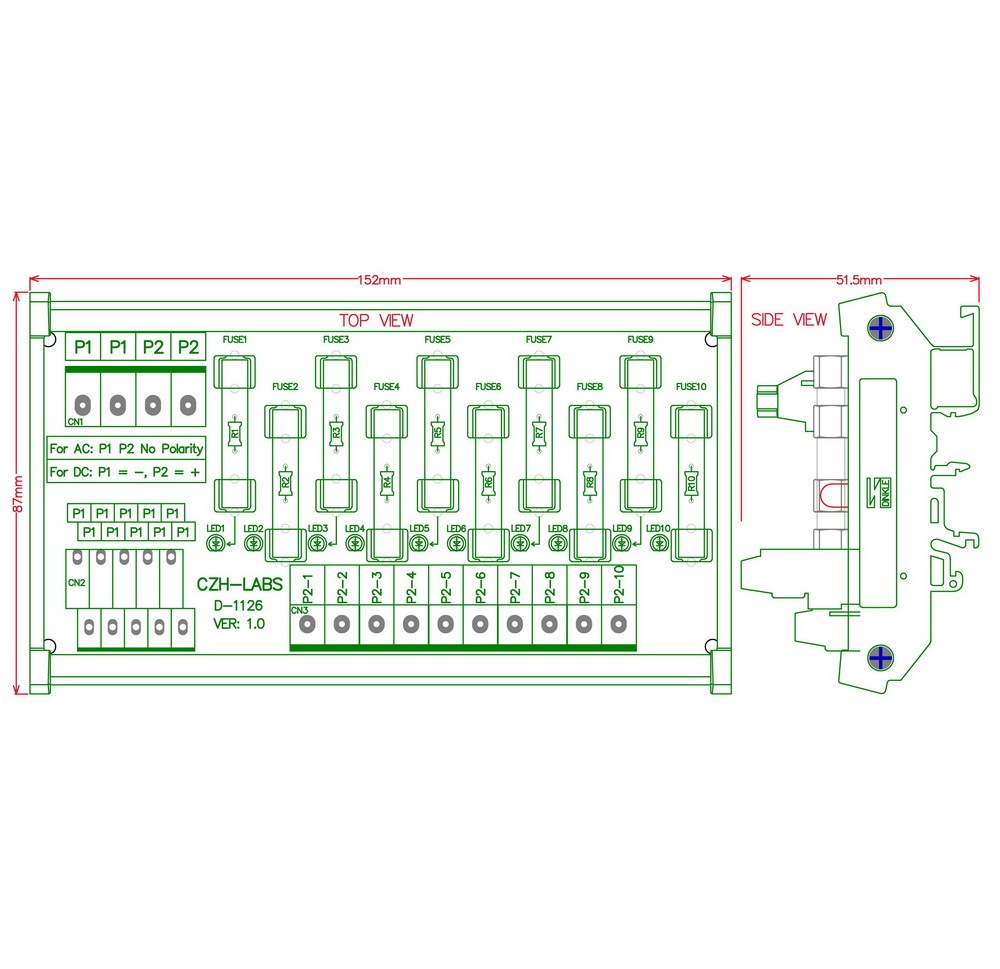 CZH-LABS DIN Rail Mount 180~250VAC 10 Position Power Distribution Fuse Module Board.
