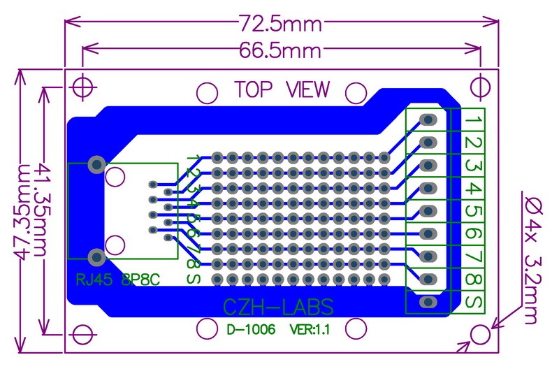 CZH-LABS RJ45 8P8C Vertical Shielded Jack Breakout Board, Terminal Block, Connector.