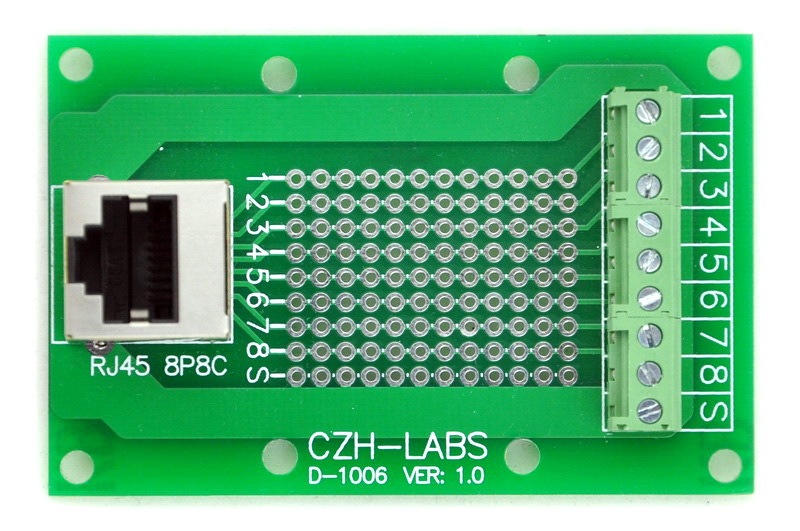 CZH-LABS RJ45 8P8C Vertical Shielded Jack Breakout Board, Terminal Block, Connector.