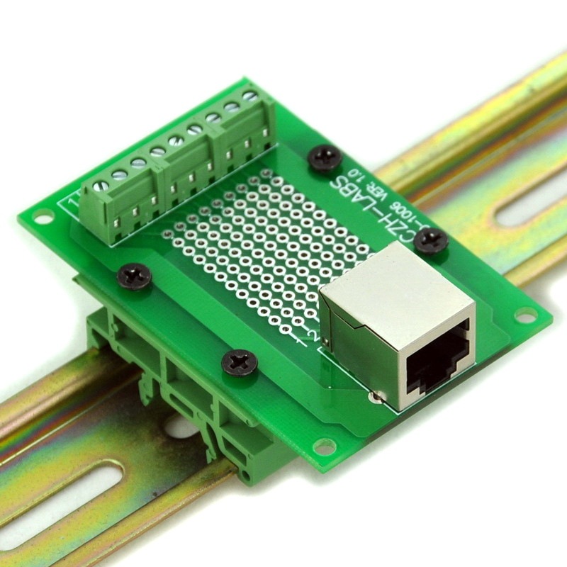CZH-LABS RJ45 8P8C Interface Module with Simple DIN Rail Mounting feet, Right Angle Jack.