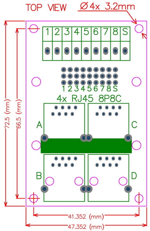 ELECTRONICS-SALON RJ45 8P8C 4-Way Buss Board Interface Module with Simple DIN Rail Mounting feet.
