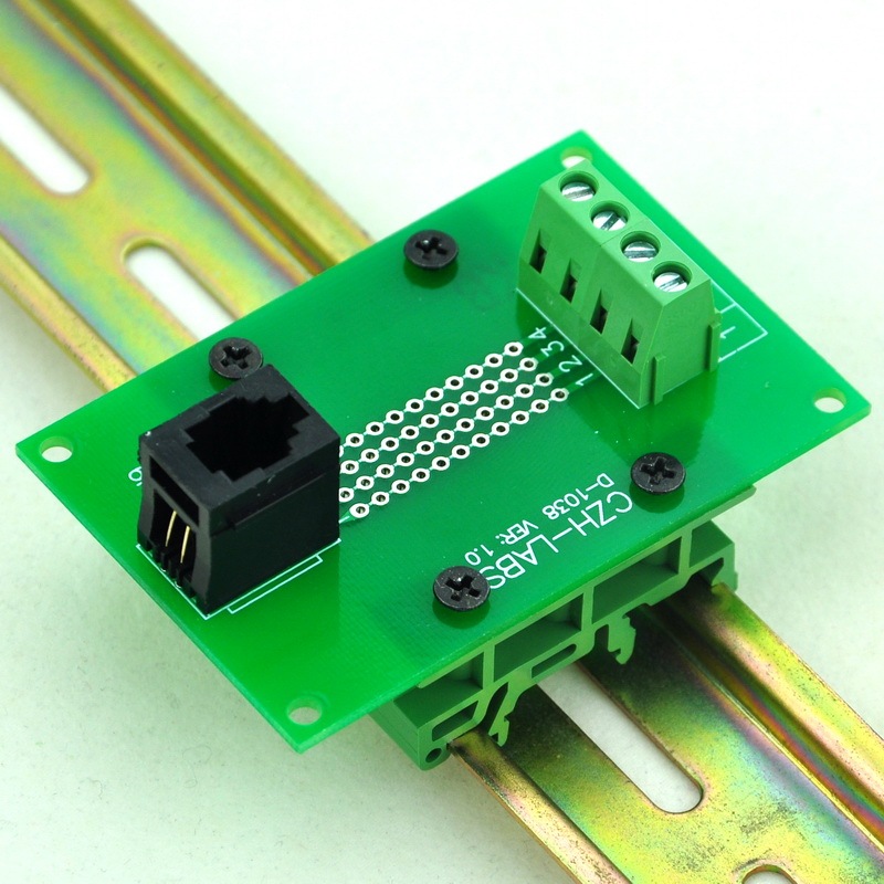 CZH-LABS RJ9 4P4C Interface Module with Simple DIN Rail Mounting feet, Vertical Jack.