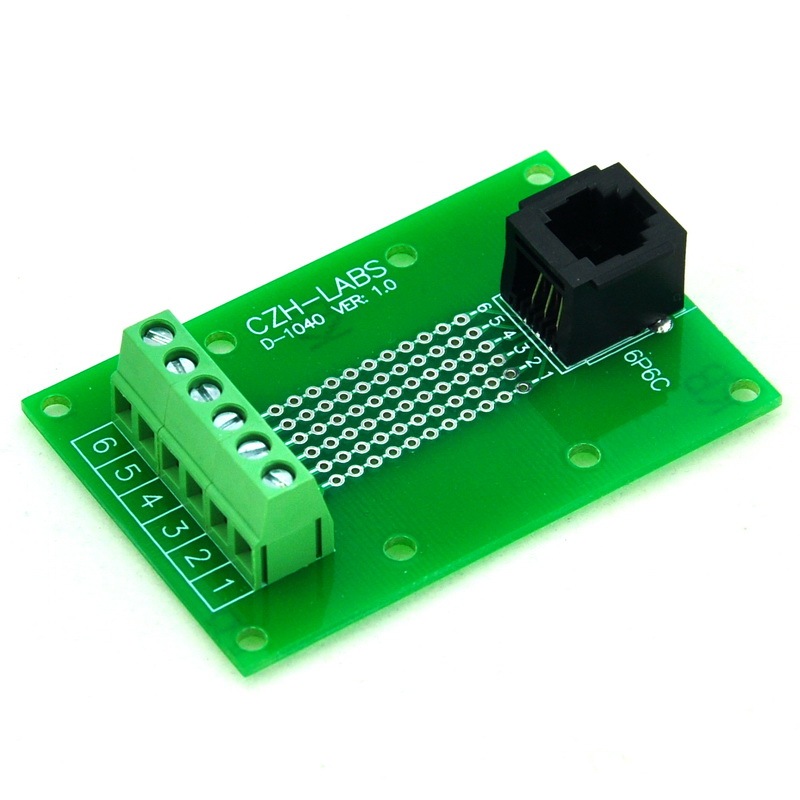 CZH-LABS RJ11/RJ12 6P6C Vertical Jack Breakout Board, Terminal Block Connector.