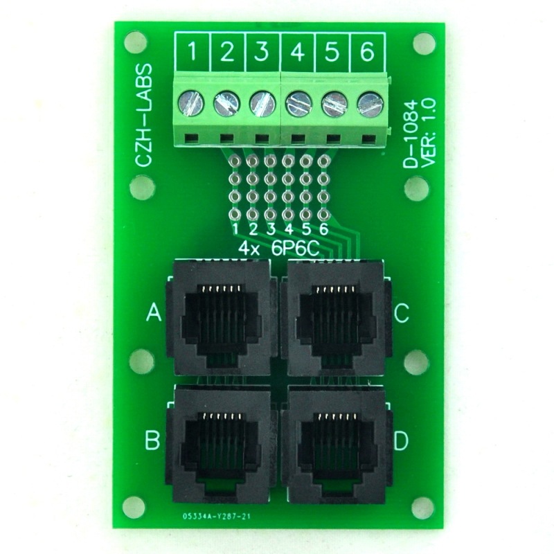 CZH-LABS RJ11/RJ12 6P6C 4-Way Buss Board Interface Module with Simple DIN Rail Bracket.