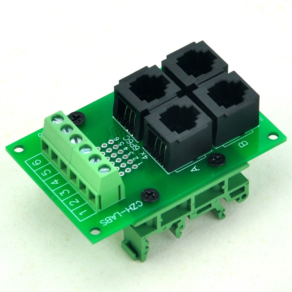 CZH-LABS RJ11/RJ12 6P6C 4-Way Buss Board Interface Module with Simple DIN Rail Bracket.