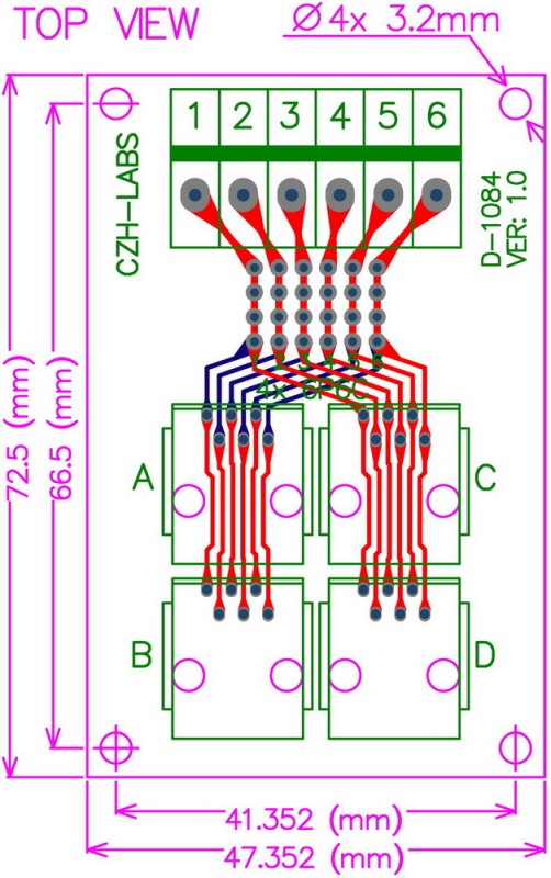 CZH-LABS RJ11/RJ12 6P6C Jack 4-Way Buss Breakout Board, Terminal Block, Connector.