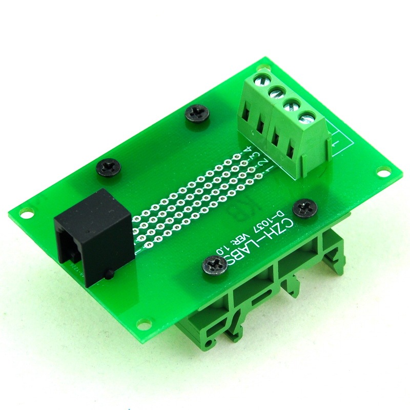 CZH-LABS RJ9 4P4C Interface Module with Simple DIN Rail Mounting feet, Right Angle Jack.