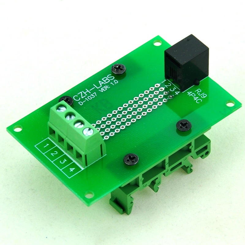 CZH-LABS RJ9 4P4C Interface Module with Simple DIN Rail Mounting feet, Right Angle Jack.