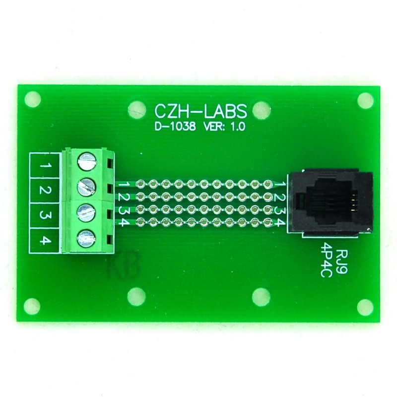 CZH-LABS RJ9 4P4C Vertical Jack Breakout Board, Terminal Block Connector.