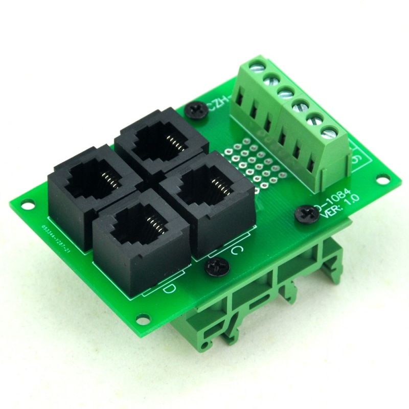 CZH-LABS RJ11/RJ12 6P6C 4-Way Buss Board Interface Module with Simple DIN Rail Bracket.