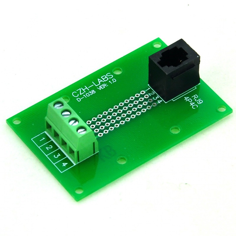 CZH-LABS RJ9 4P4C Vertical Jack Breakout Board, Terminal Block Connector.