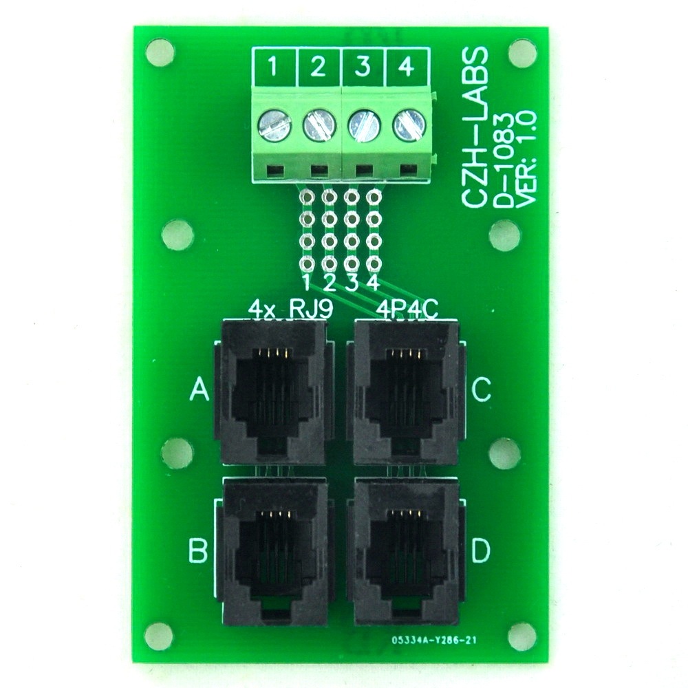 CZH-LABS RJ9 4P4C 4-Way Buss Board Interface Module with Simple DIN Rail Mount Bracket.