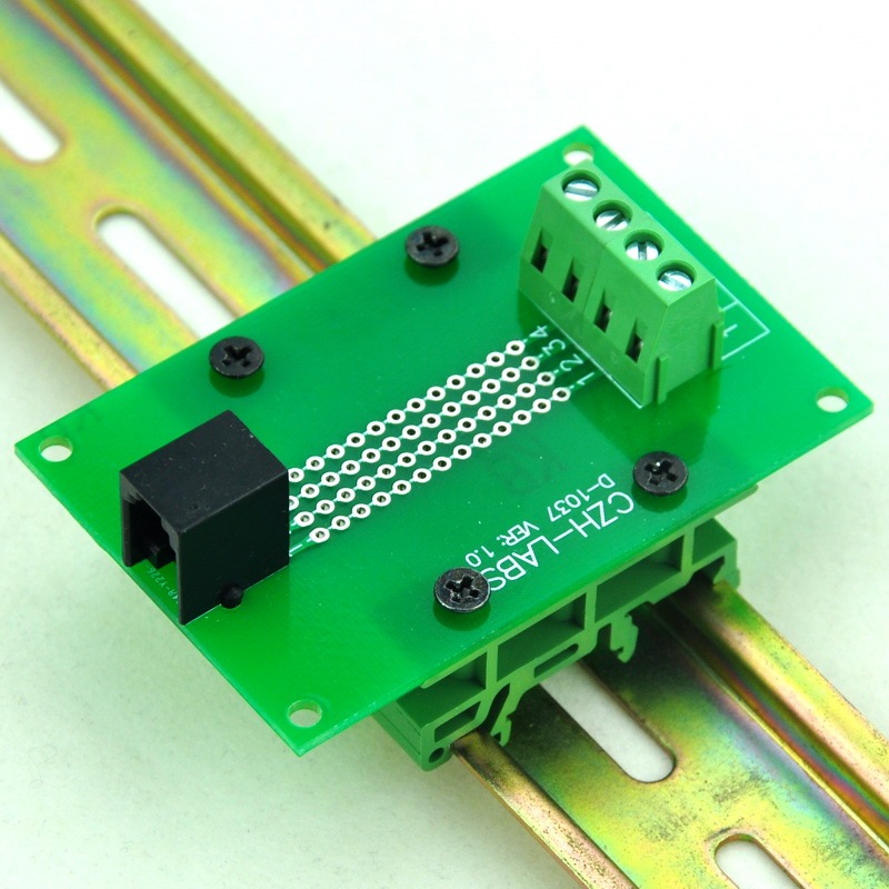 CZH-LABS RJ9 4P4C Interface Module with Simple DIN Rail Mounting feet, Right Angle Jack.