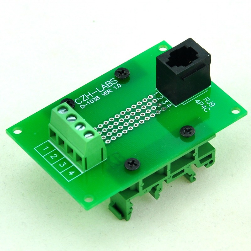 CZH-LABS RJ9 4P4C Interface Module with Simple DIN Rail Mounting feet, Vertical Jack.