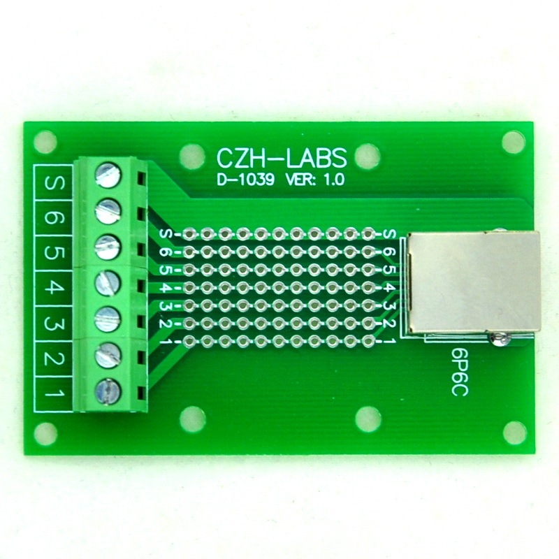 CZH-LABS RJ11/RJ12 6P6C Right Angle Jack Breakout Board, Terminal Block Connector.