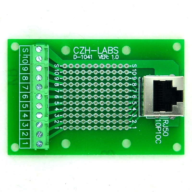 CZH-LABS RJ50 10P10C Vertical Shielded Jack Breakout Board, Terminal Block Connector.