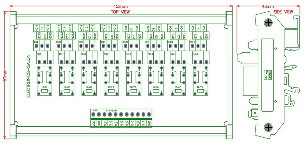 ELECTRONICS-SALON DIN Rail Mount 8 DPDT Signal Relay Interface Module. (Operating Voltage: DC 12V)