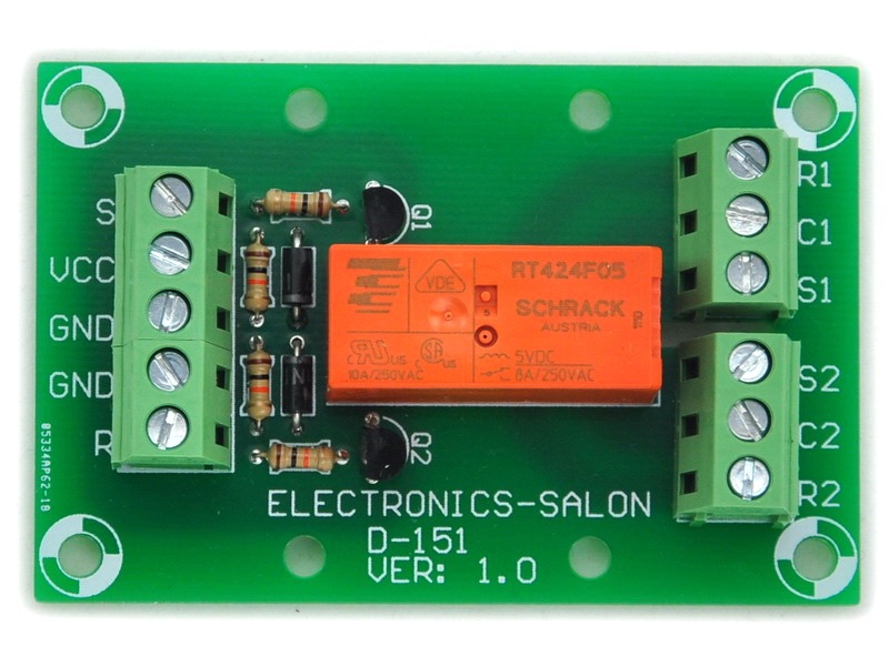 ELECTRONICS-SALON Bistable/Latching DPDT 8 Amp Relay Module, DC5V Coil, with DIN Rail Carrier Housing