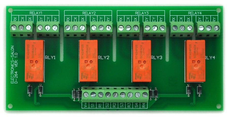 ELECTRONICS-SALON Passive Bistable/Latching 4 DPDT 8 Amp Power Relay Module, 5V Version, RT424F05