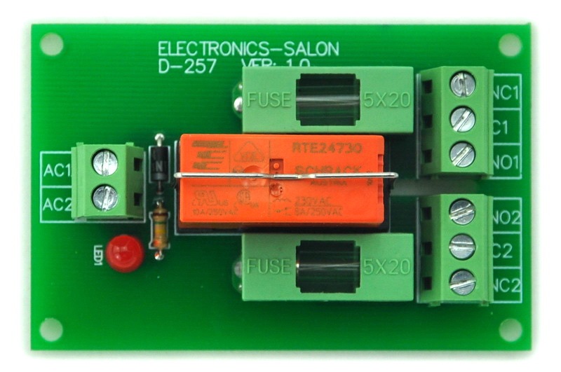 ELECTRONICS-SALON 230VAC Control DPDT 8Amp Power Relay Fused Interface Module Board, RTE24730 AC230V.