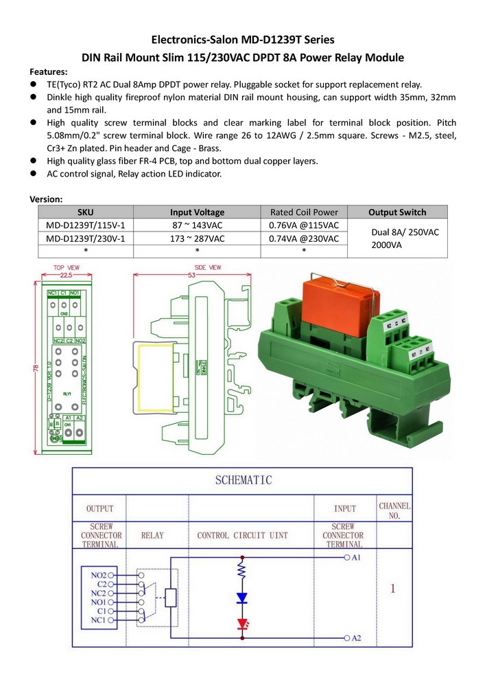 ELECTRONICS-SALON AC 230V Slim DIN Rail Mount 8Amp DPDT Power Relay Interface Module, RTE24730 230VAC.