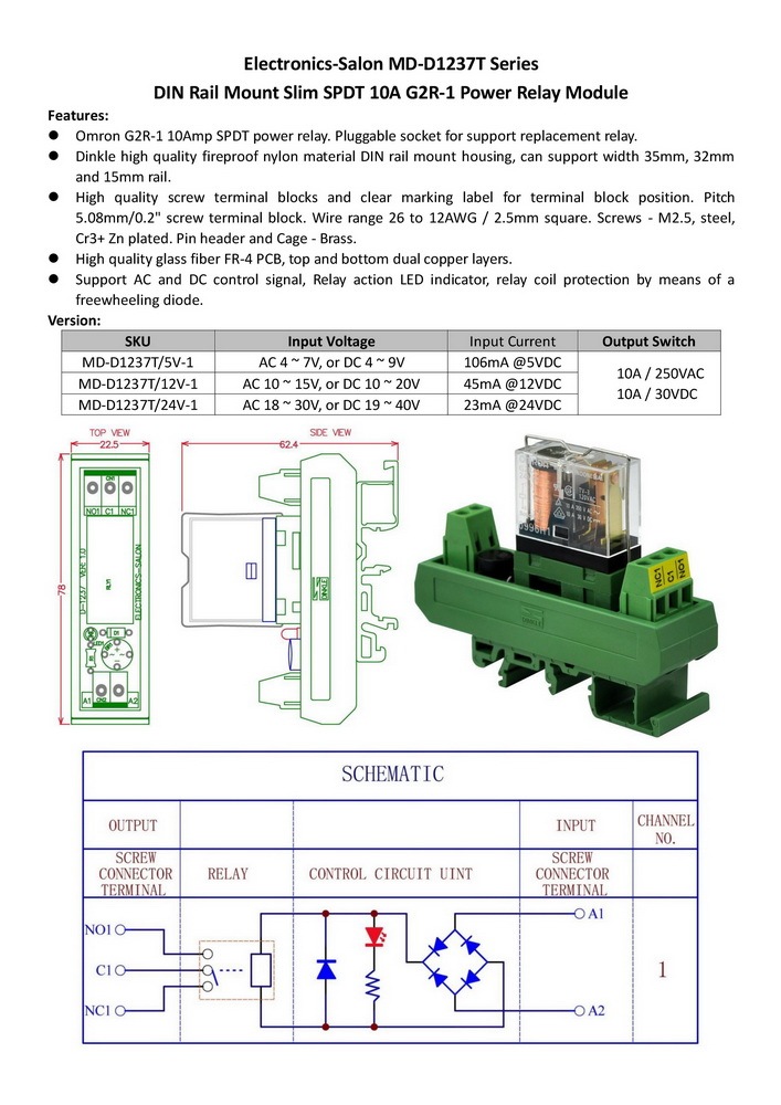 ELECTRONICS-SALON AC/DC 24V Slim DIN Rail Mount 10Amp SPDT Power Relay Interface Module, G2R-1 24V.