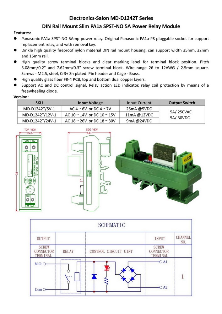 ELECTRONICS-SALON AC/DC 24V Slim DIN Rail Mount 5Amp SPST-NO Power Relay Interface Module, PA1a-24V.