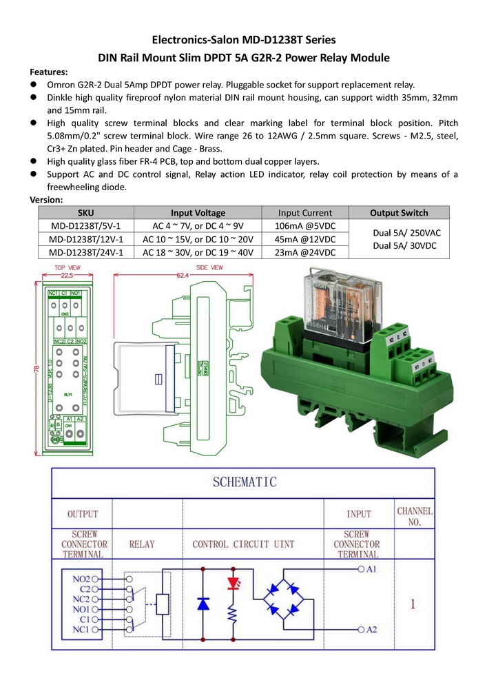 ELECTRONICS-SALON AC/DC 24V Slim DIN Rail Mount 5Amp DPDT Power Relay Interface Module, G2R-2 24V.
