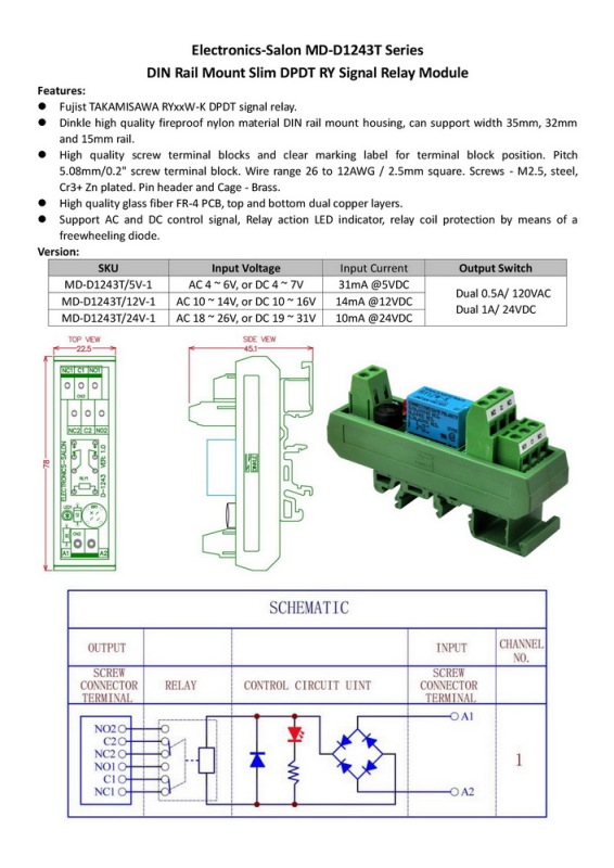 ELECTRONICS-SALON AC/DC 12V Slim DIN Rail Mount DPDT Signal Relay Interface Module, RY12W-K.