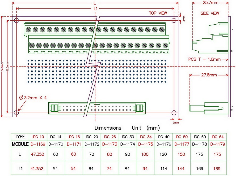 CZH-LABS IDC-20 Male Header Connector Breakout Board Module, IDC Pitch 0.1", Terminal Block Pitch 0.2"