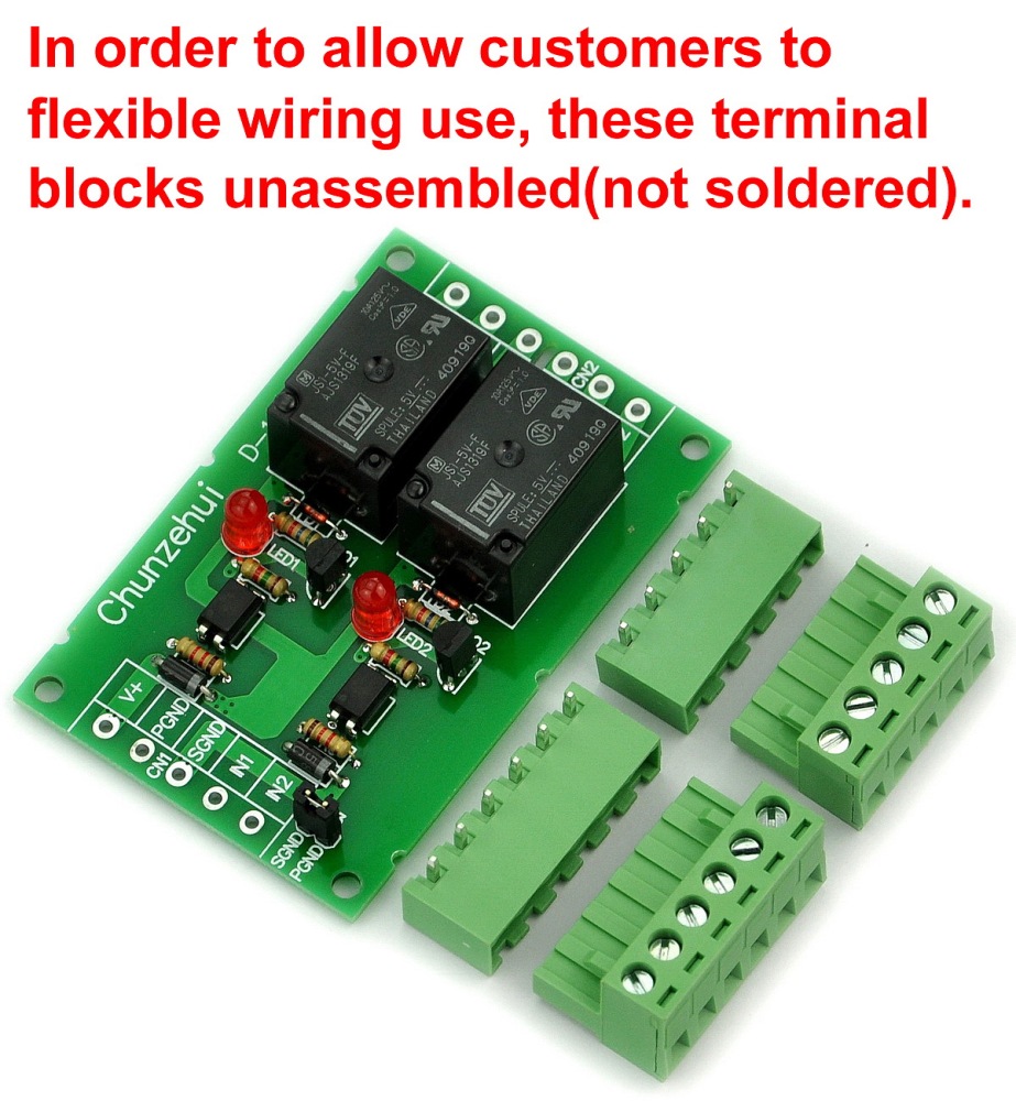 Chunzehui DC 24V Two Channel 10Amp Opto-Isolated Power Relay Module Board, Pluggable Terminal Block. for home control and industrial applications.