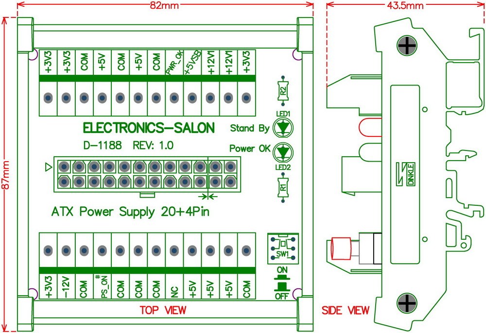 Electronics-Salon DIN Rail Mount 24/20-pins ATX DC Power Supply Breakout Board Module.